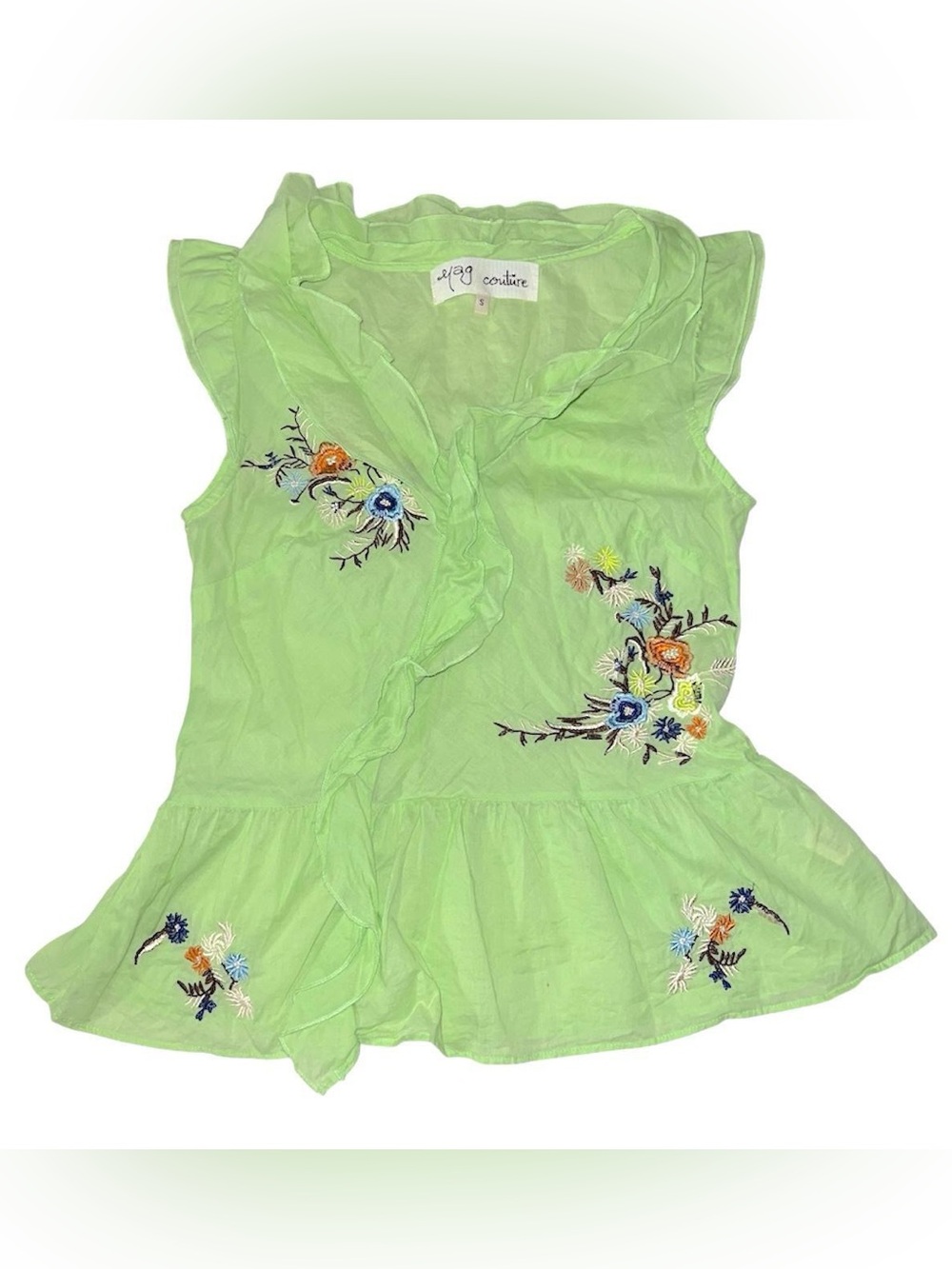 Y2K green embroidered blouse with ruffle details. By yag Couture